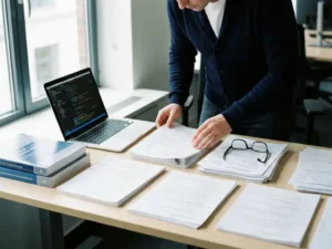 Softwareconsultant bestudeert uitgeprinte code review-documenten aan een modern bureau met laptop en technische ordners.