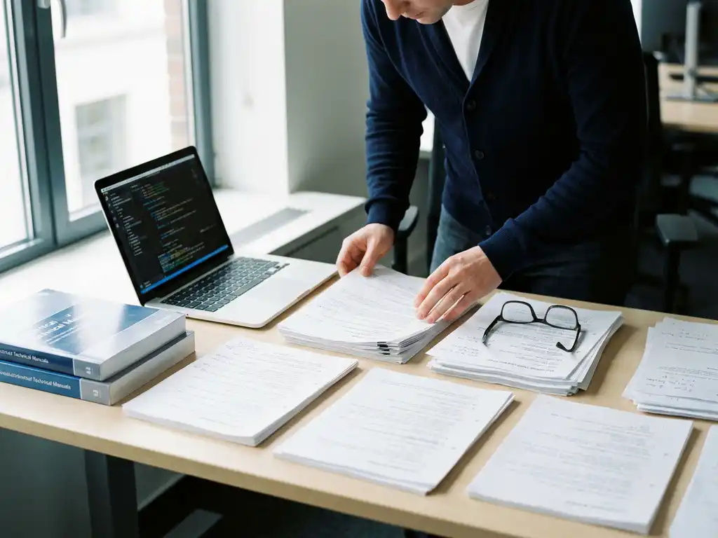 Softwareconsultant bestudeert uitgeprinte code review-documenten aan een modern bureau met laptop en technische ordners.