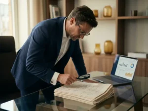 Professional die gedrukte softwaredocumentatie bestudeert op glazen bureau, met laptop en vergrootglas, kantoorverlichting.