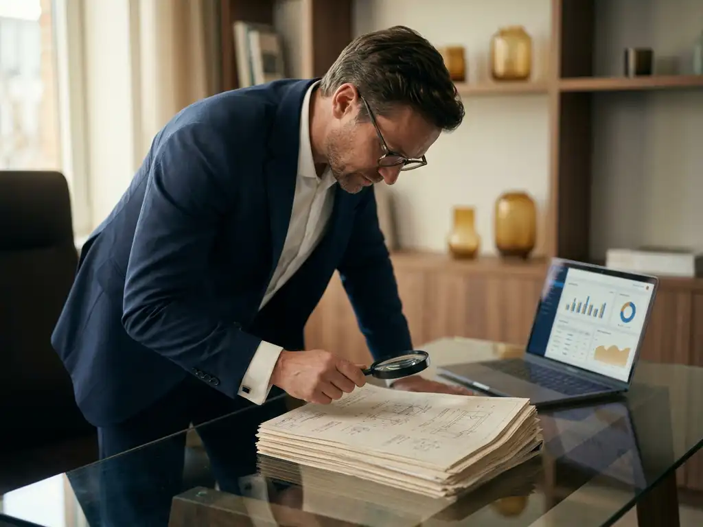 Professional die gedrukte softwaredocumentatie bestudeert op glazen bureau, met laptop en vergrootglas, kantoorverlichting.