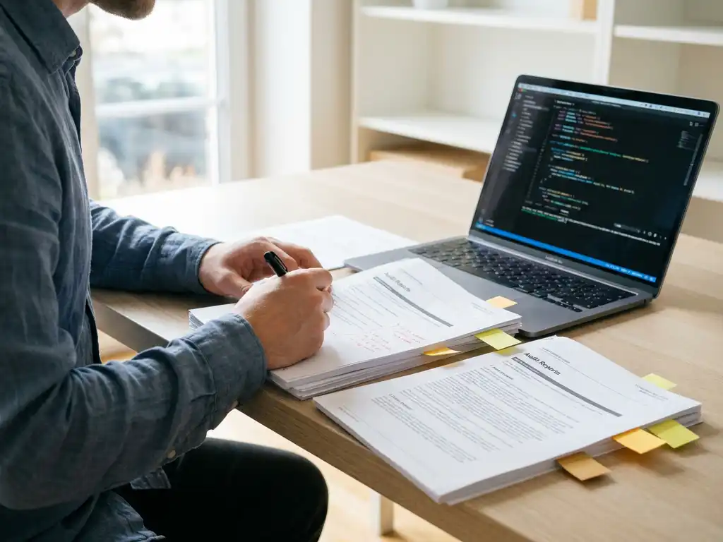 Softwareontwikkelaar annoteert een gedrukt auditrapport aan een modern bureau, met laptop en sticky notes, in warm natuurlijk licht.