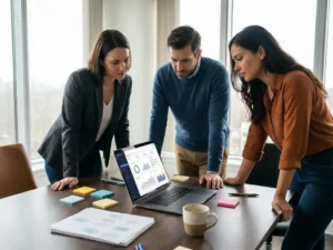 Drie professionals rond een vergadertafel met laptop, plaknotities en werkstroomdiagrammen in een licht kantoor.