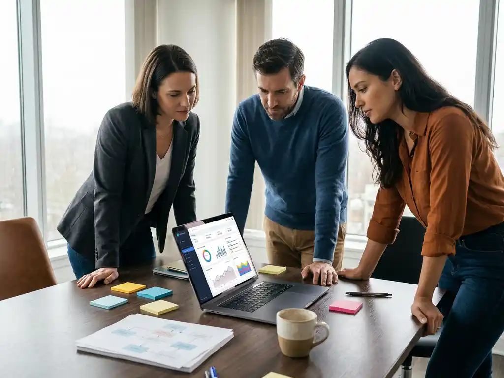 Drie professionals rond een vergadertafel met laptop, plaknotities en werkstroomdiagrammen in een licht kantoor.