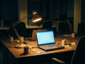 Verlaten kantoor met één brandende desklamp boven open laptop, lege stoelen en stoffige koffiemokken in donkerblauwe en amberkleurige sfeer.
