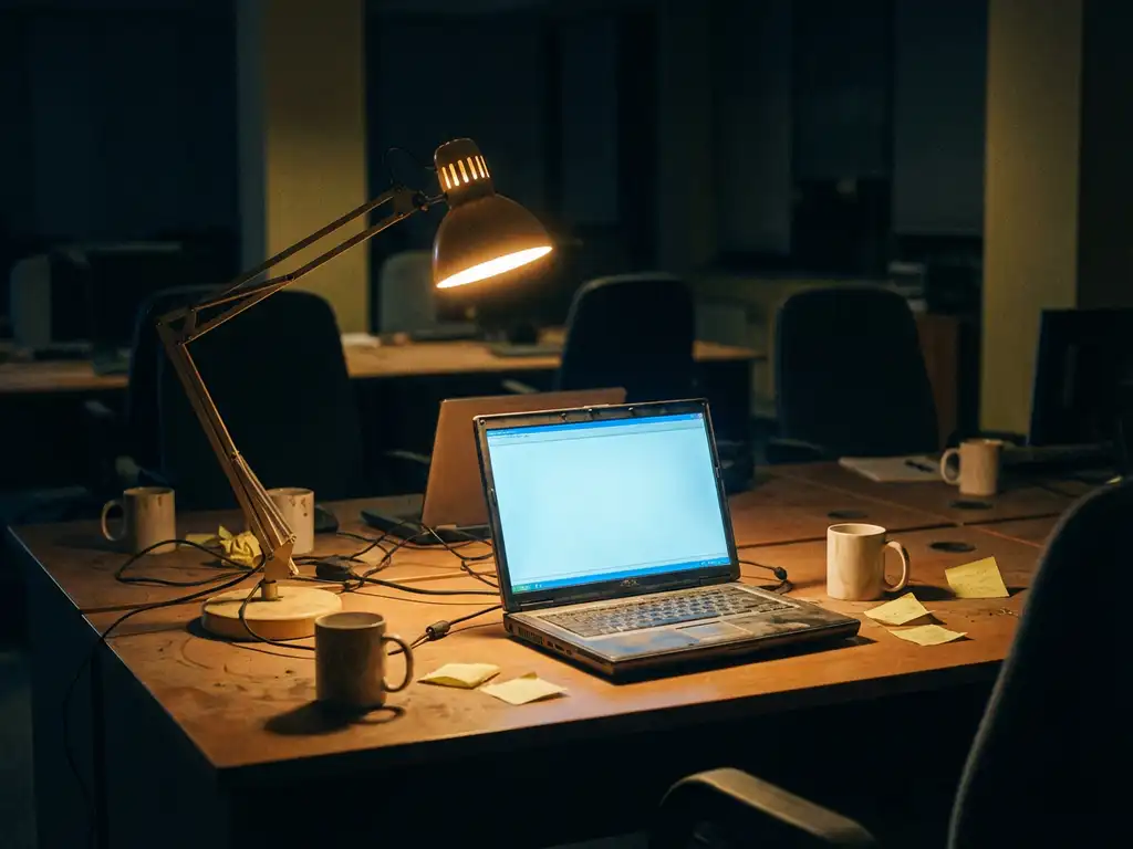 Verlaten kantoor met één brandende desklamp boven open laptop, lege stoelen en stoffige koffiemokken in donkerblauwe en amberkleurige sfeer.