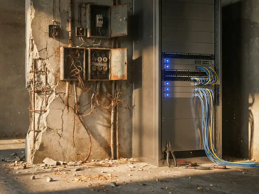 Verouderde betonnen muur met verroeste zekeringkasten en versleten koperen bedrading naast een modern serverpaneel in installatie.