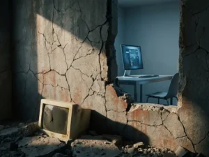 Verbrokkelde betonmuur met diepe scheuren, verouderde computermonitor in het puin, modern werkstation zichtbaar op de achtergrond.