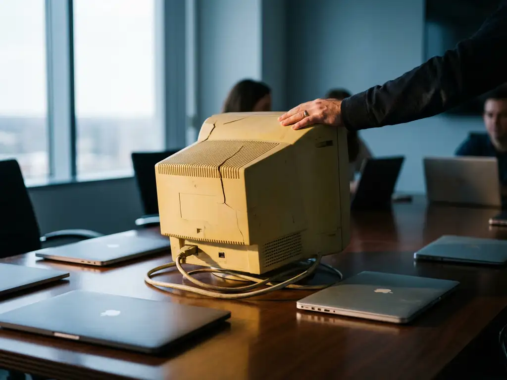 Verouderde desktopcomputer met gebarsten behuizing op vergadertafel naast moderne laptops, hand van executive rust op de oude machine.