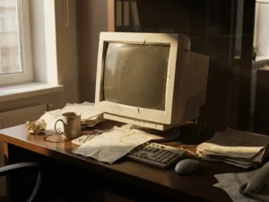 Verouderde desktop computer met gebarsten bezel op kantoorbureau, omgeven door facturen en een koffiekop, warm middaglicht.