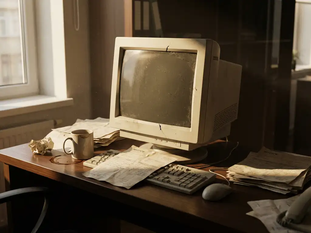 Verouderde desktop computer met gebarsten bezel op kantoorbureau, omgeven door facturen en een koffiekop, warm middaglicht.