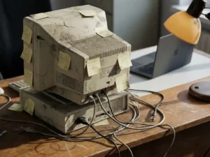 Verouderde desktopcomputer bedolven onder stof en vergeelde sticky notes, verwarde kabels op een versleten bureau, moderne laptop zichtbaar op de achtergrond.