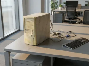 Verouderde desktop computer met vergeeld plastic en gebarsten behuizing op een modern kantoorbureau, omringd door verstrengelde kabels.