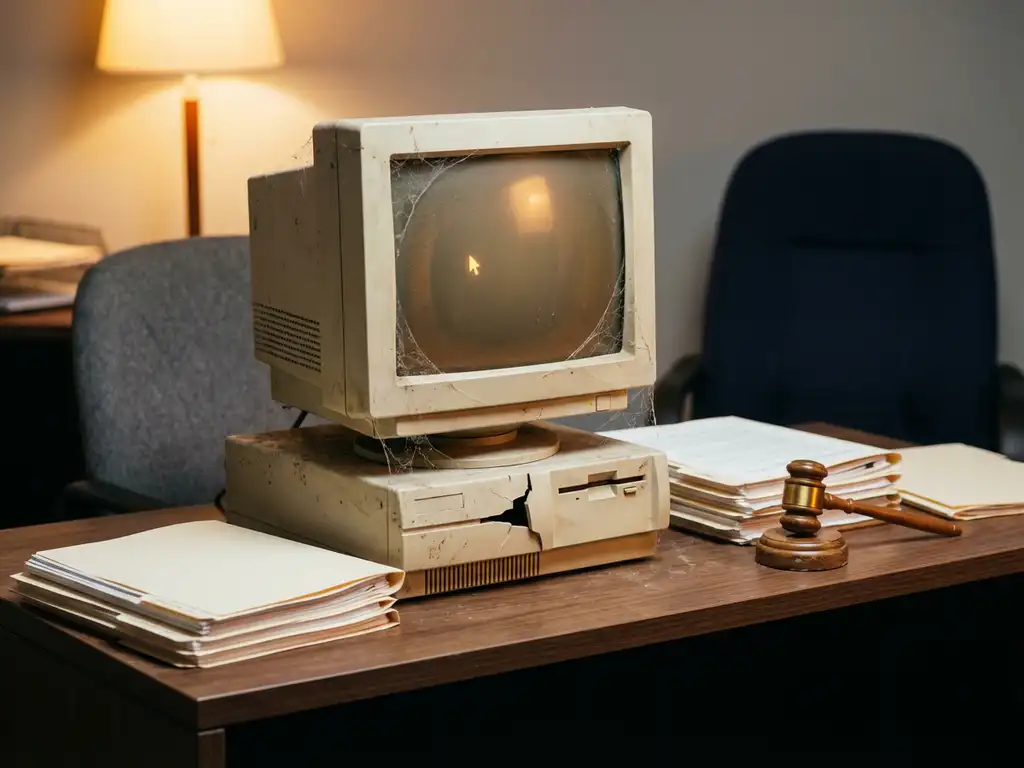 Verouderde desktop computer met gebarsten behuizing op kantoorbureau, omringd door juridische documenten en houten hamer, spinnenwebben zichtbaar op monitor.