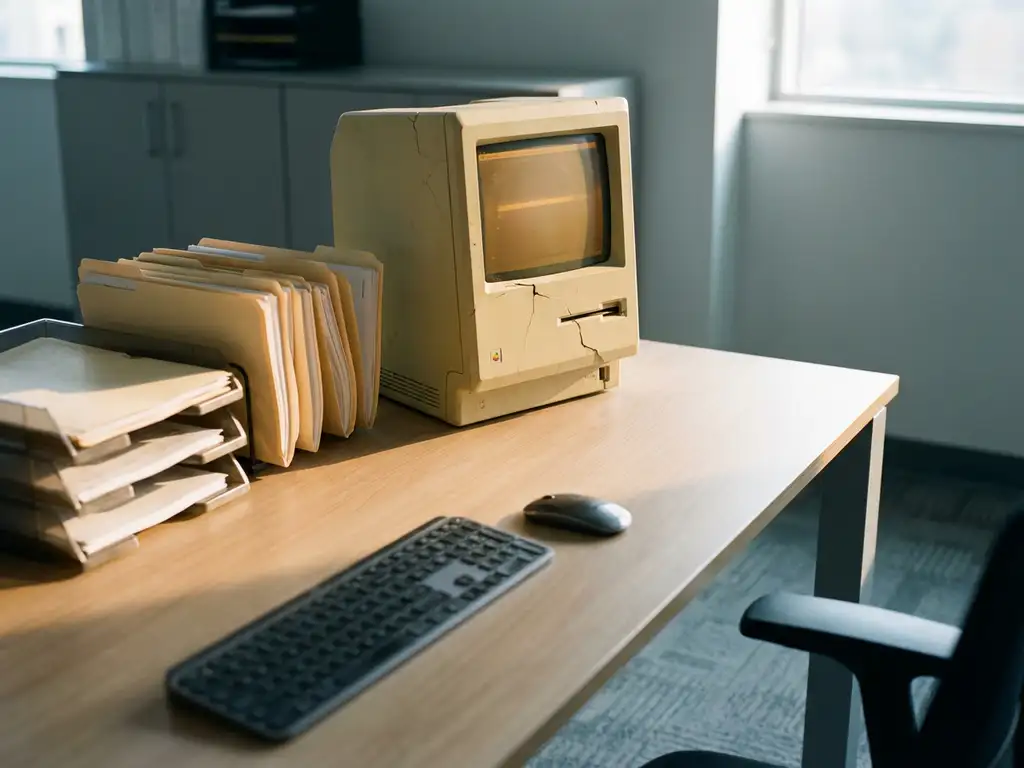 Verouderde desktop computer met gebarsten, vergeling behuizing op een modern kantoorbureau naast mappen en een hedendaags toetsenbord.