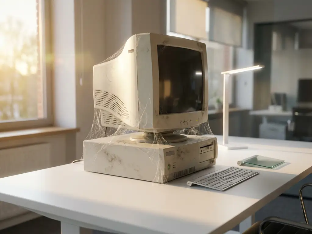 Verouderde desktop-pc met bolle CRT-monitor op modern kantoorbureau, omringd door stofwebben en eigentijdse randapparatuur in zacht middaglicht.