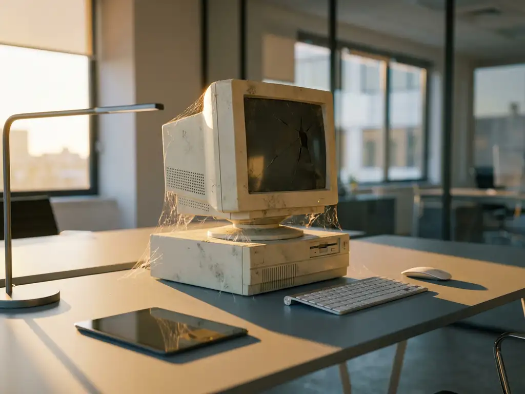 Verouderde desktopcomputer met spinnenwebben op modern kantoorbureau naast draadloos toetsenbord, warm middaglicht.