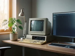 Verouderde desktop computer met scheuren en spinnenwebben op modern kantoorbureau, omringd door hedendaagse hardware en groene plant.