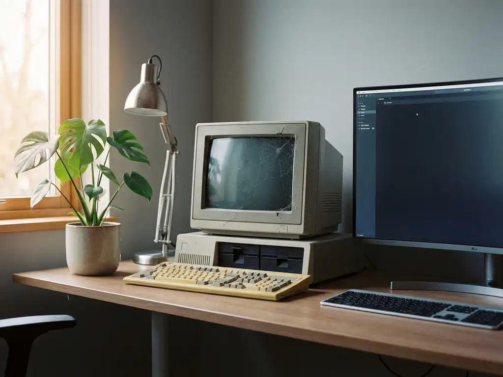 Verouderde desktop computer met scheuren en spinnenwebben op modern kantoorbureau, omringd door hedendaagse hardware en groene plant.