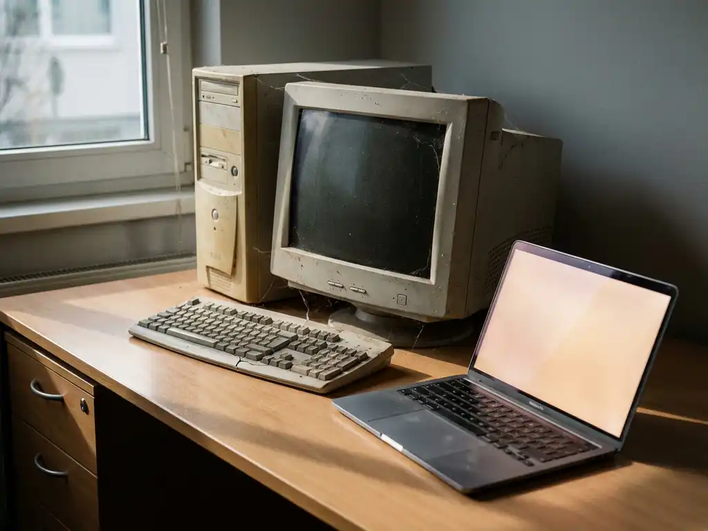 Verouderde desktop-pc uit de jaren 2000 met spinnenwebben naast een moderne laptop op een kantoorbureau, warm amberkleurig licht.