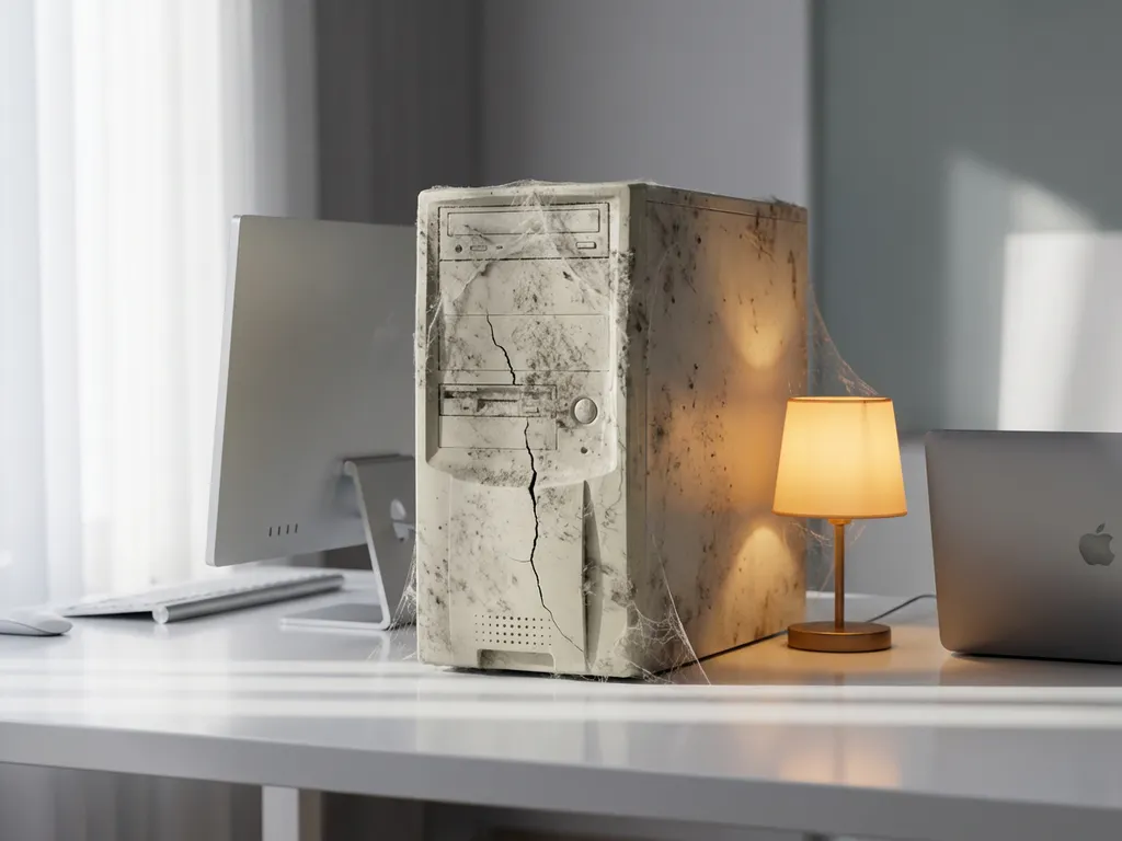 Verouderde, stoffige desktopcomputer met scheuren in de behuizing op een modern, strak kantoorbureau naast eigentijdse hardware.