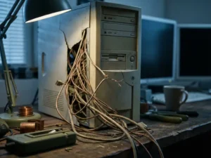 Verouderde koperen draden in een opengebroken computerkast op een versleten houten werkbank, één draad zichtbaar gerafeld.