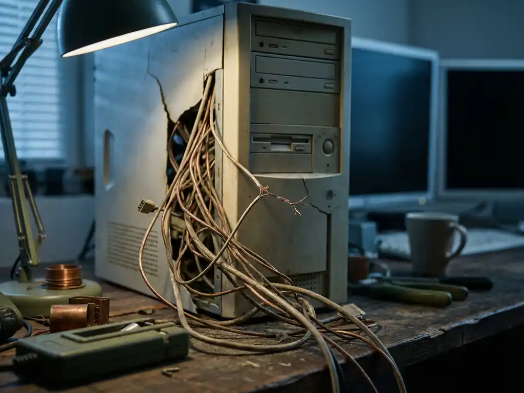 Verouderde koperen draden in een opengebroken computerkast op een versleten houten werkbank, één draad zichtbaar gerafeld.