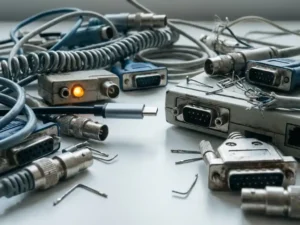 USB-C stekker die niet past op een verouderde poort, omringd door incompatibele adapters en kabels op een wit bureau.