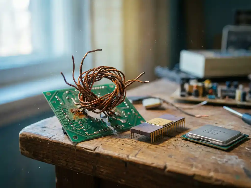 Verouderde koperen bedrading en gebarsten printplaat naast een moderne microprocessor op een houten werkbank.