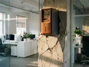 Verouderde servertoren op een scheurende betonnen pilaar, symboliseert verouderde IT-infrastructuur in een moderne kantooromgeving.