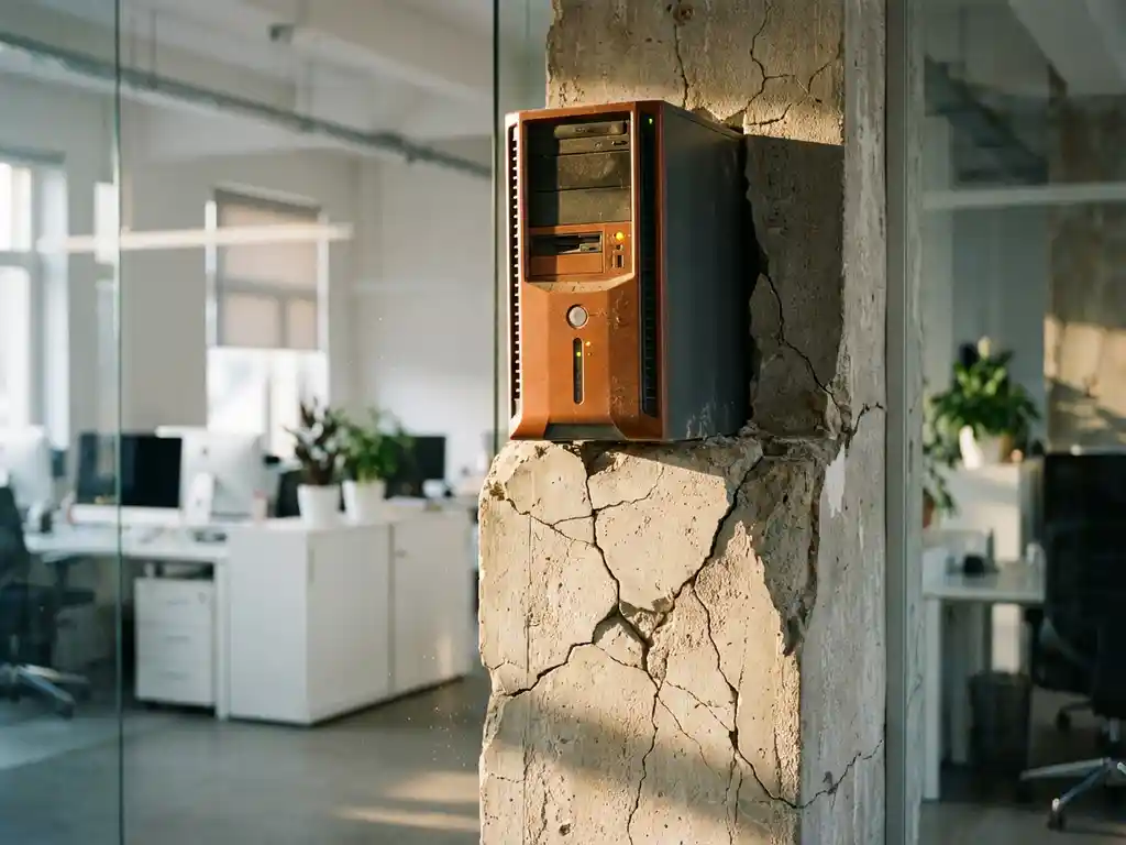 Verouderde servertoren op een scheurende betonnen pilaar, symboliseert verouderde IT-infrastructuur in een moderne kantooromgeving.