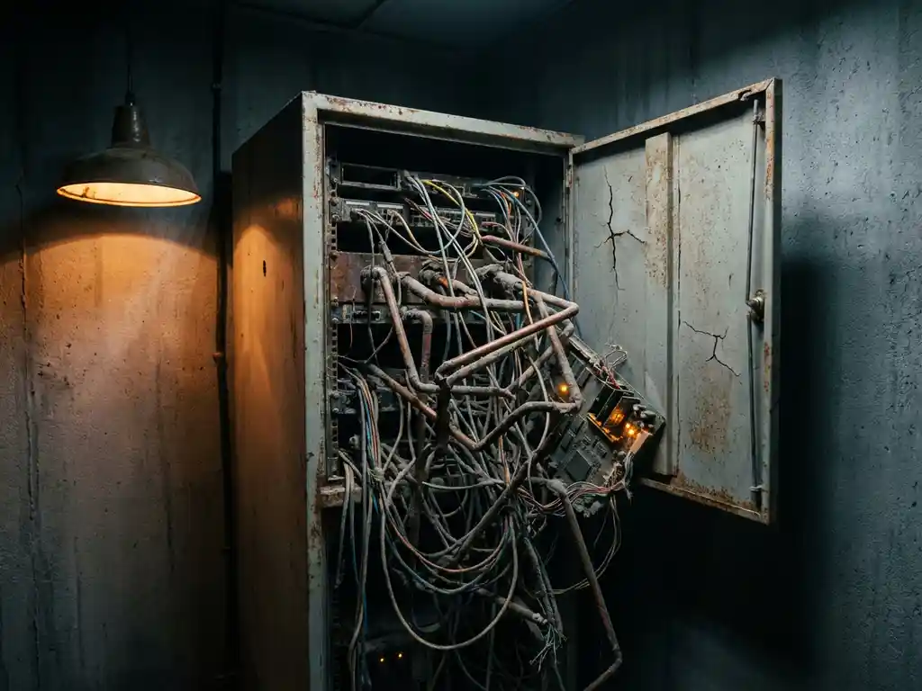 Verroeste leidingen en verstrikte kabels barsten uit een beschadigd serverkast in een verwaarloosde Nederlandse serverruimte.