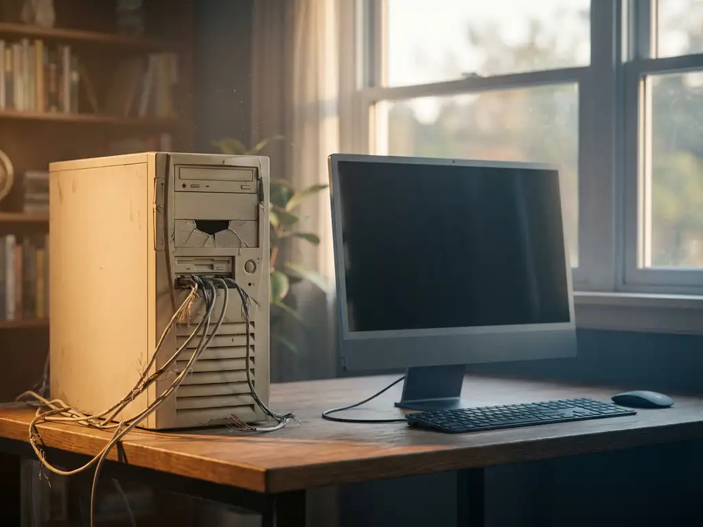 Verouderde, verweerde servertoren naast een moderne werkstation op kantoorbureau, verstrengelde kabels tegenover draadloze randapparatuur.