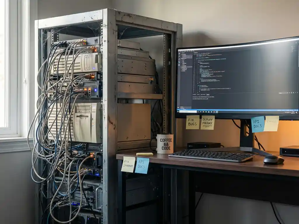 Verouderd serverrek met verwarde kabels naast een moderne werkplek met sticky notes en koffiemok op een ontwikkelaarsbureau.