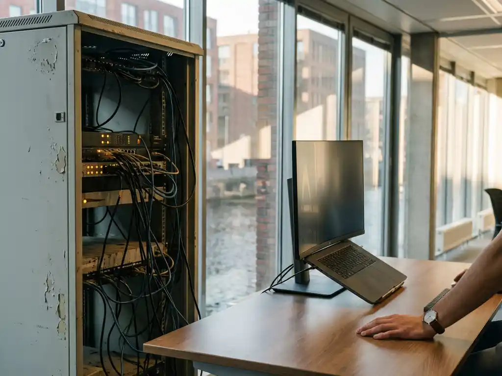 Verouderd serverrek met verstrengelde kabels en oranje waarschuwingslichten naast een moderne werkplek in een Nederlands kantoor.