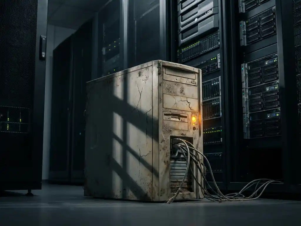 Verouderde serverbehuizing met roestplekken en rafelige kabels in een moderne serverruimte, verlicht door een amberkleurig waarschuwingslicht.