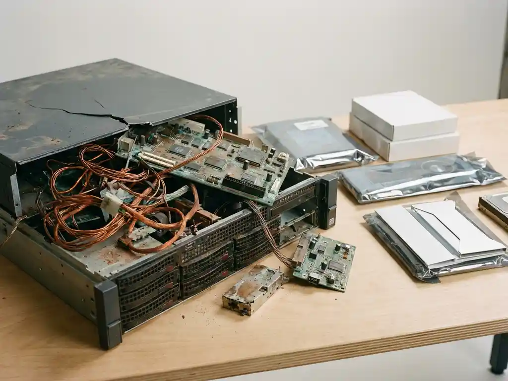 Verouderd serverchasis met verroeste bedrading en gecorrodeerde circuitverbindingen naast nieuwe componenten op een moderne werkbank.