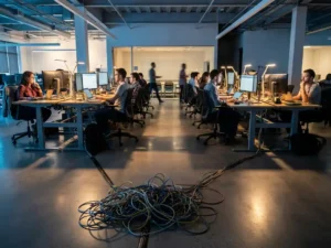 Verward kluwen ethernetkabels op betonnen vloer in modern kantoor met ontwikkelaars aan staande bureaus op de achtergrond.