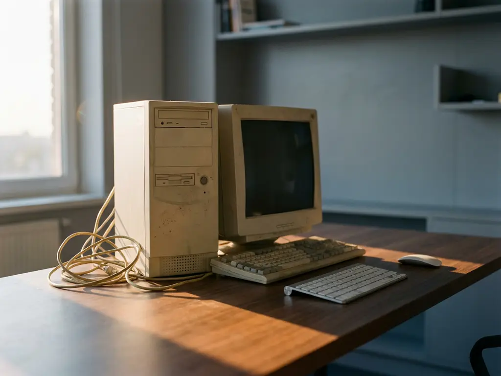 Stoffige vintage desktopcomputer uit de jaren 90 naast een modern draadloos toetsenbord, warm middaglicht op houten bureau.