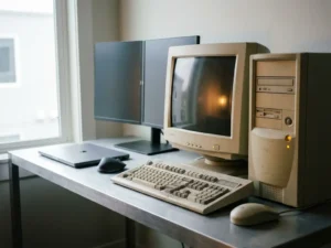 Verouderde beige computer uit de jaren 90 op een modern bureau, omringd door strak aluminium hardware in zacht natuurlijk licht.