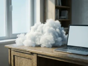 Witte cumuluswolk op een houten bureau naast een open laptop, zacht natuurlijk licht, blauwe en crèmetinten.