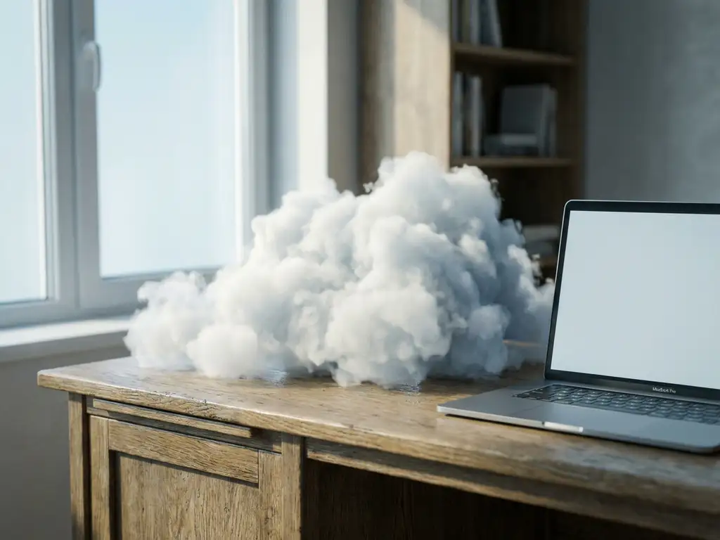 Witte cumuluswolk op een houten bureau naast een open laptop, zacht natuurlijk licht, blauwe en crèmetinten.