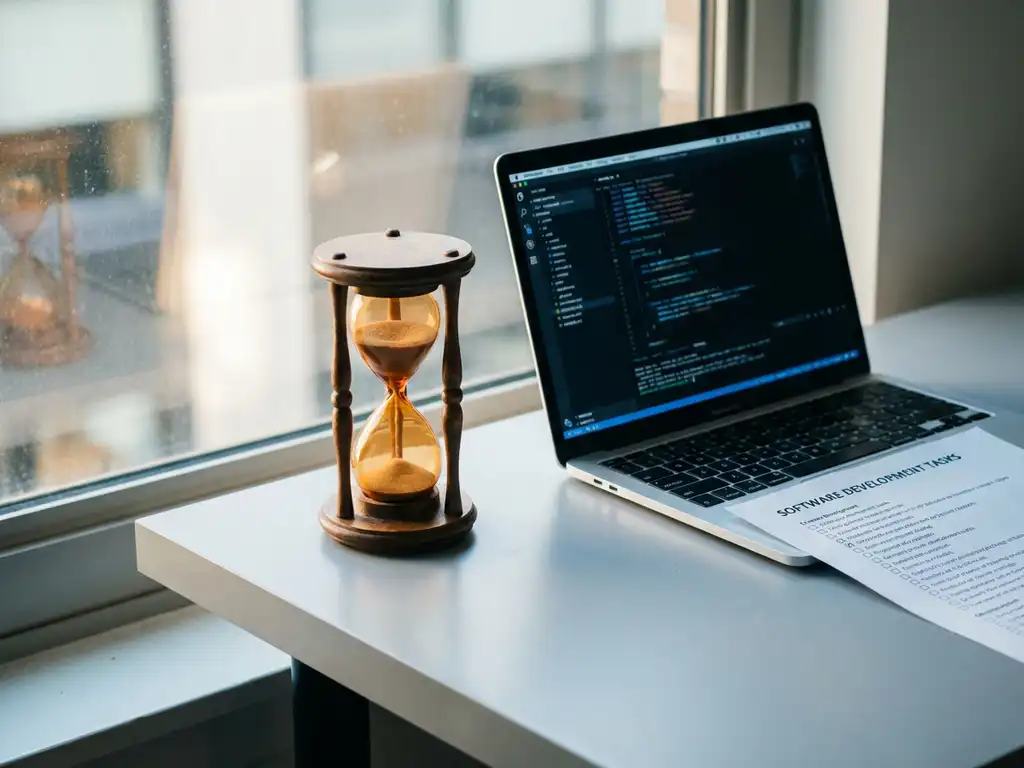 Zandloper op modern bureau naast laptop met code en software-checklist, zachte natuurlijke belichting in blauw-grijze en amberkleurige tinten.