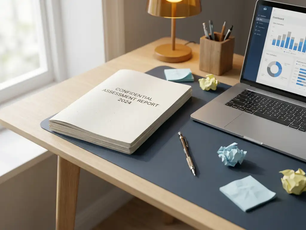 Opengeslagen beoordelingsrapport op modern bureau naast laptop met softwaredashboard, mechanisch potlood en sticky notes in koel blauw-wit licht.