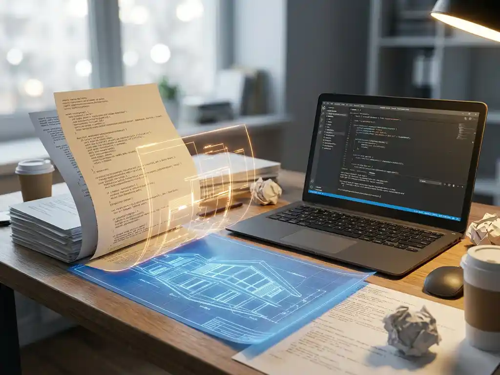 Lichtgevende architectuurblueprint op ontwikkelaarsbureau naast laptop, met codeprints en warme amber- en blauwtinten in natuurlijk raamlicht.