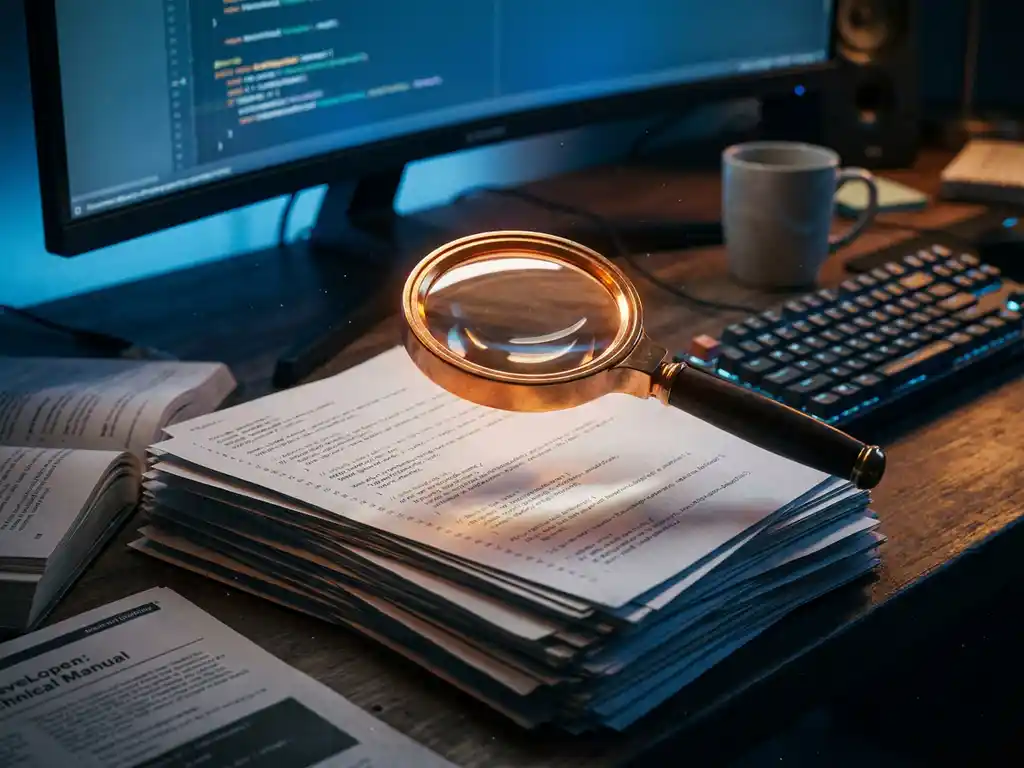 Gloeiende vergrootglas boven stapel printcode op donker bureau, verlicht door blauw monitorlicht met mechanisch toetsenbord en koffiemok op de achtergrond.