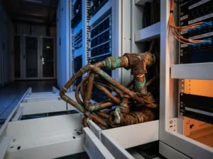 Verroeste koperen leidingen met groene oxidatie in een moderne serverruimte, contrasterende witte kabelgoten op de achtergrond.
