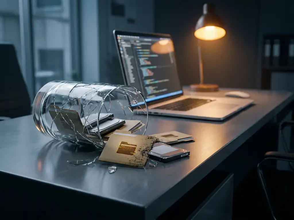 Gebroken glazen database-cilinder met verspreide databestanden op modern bureau, één bestand zichtbaar beschadigd, laptop op achtergrond.
