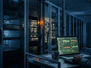 Verlicht serverrek in donker datacenter met oranje waarschuwingslamp, ontwikkelaarslaptop met diagnostische dashboards op de voorgrond.
