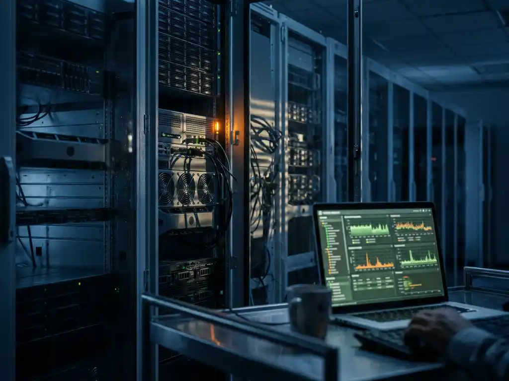Verlicht serverrek in donker datacenter met oranje waarschuwingslamp, ontwikkelaarslaptop met diagnostische dashboards op de voorgrond.