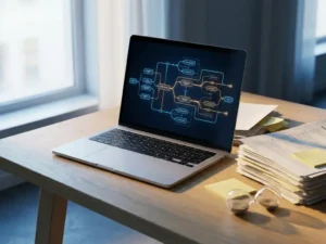 Laptop met digitale proceskaart op minimalistisch bureau, omgeven door papieren rapporten, plaknotities en een omgevallen zandloper.